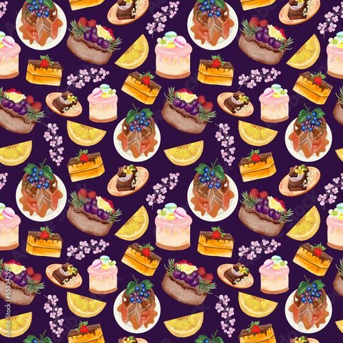 Cupcake Cake  Bread Bakery Dessert on the theme of love valentine's day  with Butter Cream and Fruit seamless pattern background