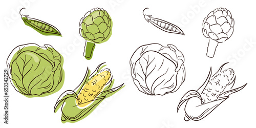 Small set with hand drawn line art vegetables. Sketch style. Flat icons peas, artichoke, cabbage, corn. Vector illustration isolated on a white background.