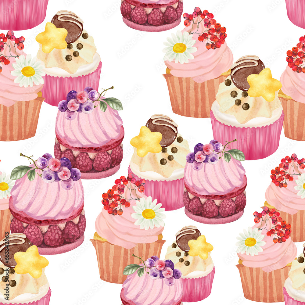 Cupcake Cake Bread Bakery Dessert on the theme of love valentine's day with Butter Cream and Fruit seamless pattern background Cupcake Cake Bread Bakery Dessert on the theme of love valentine's day with Butter Cream and Fruit seamless pattern background