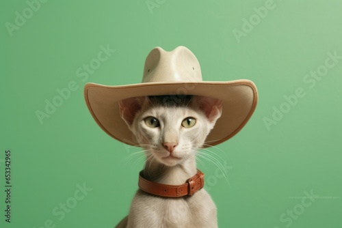 Medium shot portrait photography of a smiling oriental shorthair cat wearing a cowboy hat against a pastel green background. With generative AI technology © Markus Schröder