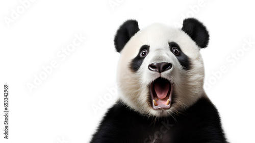 Shocked surprised Panda. Impressed Panda. Front view. Isolated on Transparent background.
