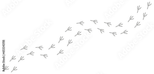 Path of White footprints of crow, raven, magpie, sparrow, dove, bird in the snow. Crow paw print, Contour. Diagonal track. Vector isolated. Pet shop, textile, print, clothing, textile, postcard.