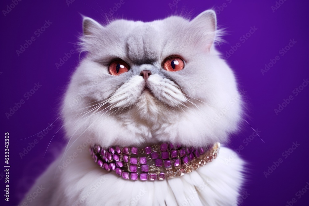 Close-up portrait photography of a happy persian cat wearing a bell collar against a deep purple background. With generative AI technology