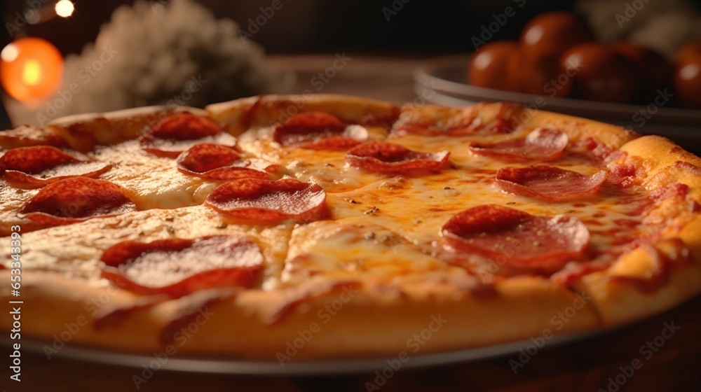 Large pizza cheesy cheese crust pepperoni realistic.Generative AI