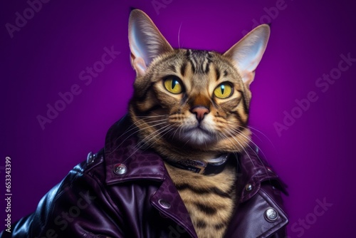 Close-up portrait photography of a funny bengal cat wearing a tiny leather jacket against a deep purple background. With generative AI technology