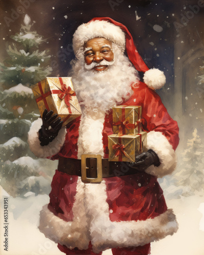 Father Christmas Bringing Gifts and Holiday Cheer, Black Santa Claus Carrying Wrapped Presents