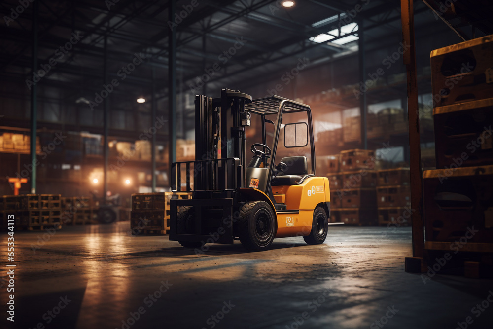 Forklift navigates warehouse roads amidst bustling logistics and storage operations.