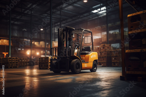 Forklift navigates warehouse roads amidst bustling logistics and storage operations. © swissa