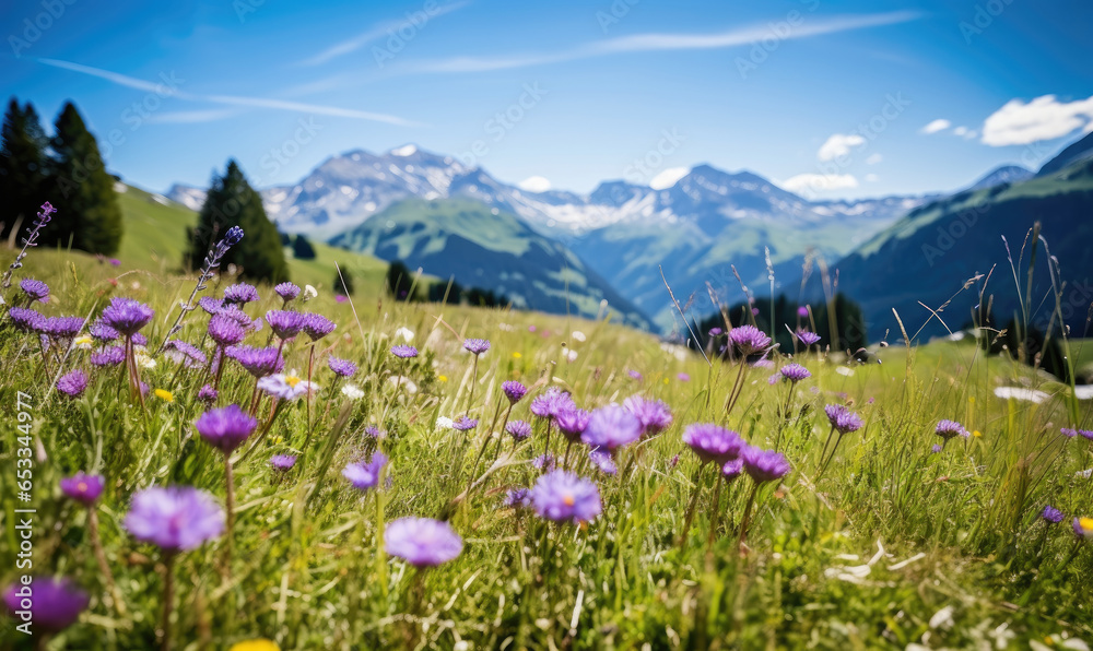Fototapeta premium Vast alpine meadow dotted with vibrant wildflowers