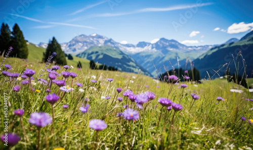 Vast alpine meadow dotted with vibrant wildflowers