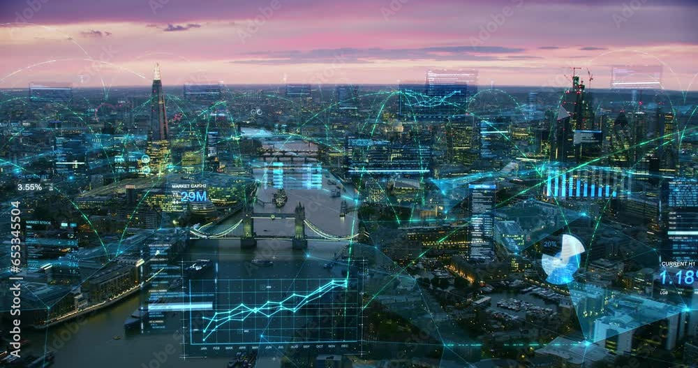 Magnificent Aerial view of Futuristic London with Holographic Financial Elements and Connections. Famous Bridges and Skyscrapers at Sunset.  Bar and Pie Charts. AR. Wifi 5G Network. IOT. Shot in 8K.