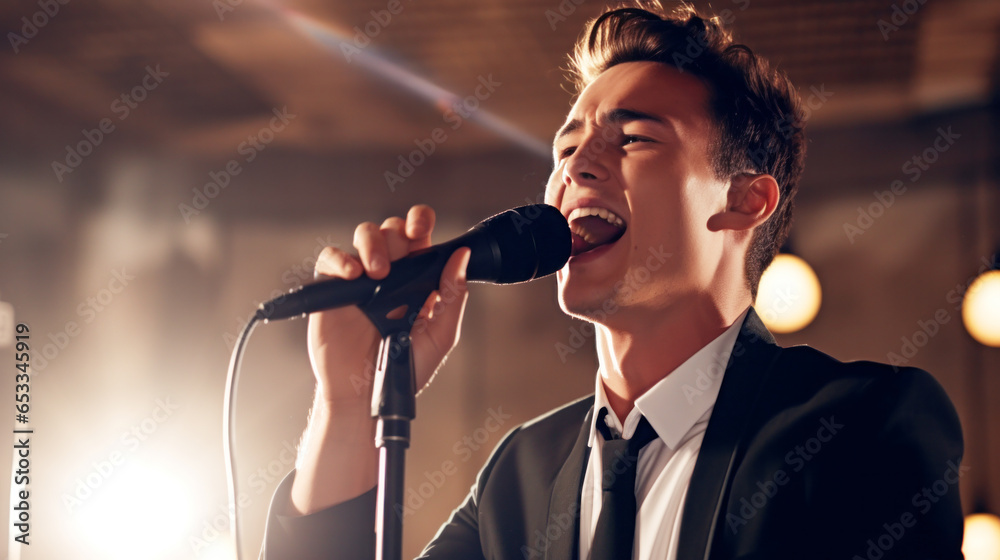 Musician singing into a microphone, enjoying, motivated weekend vacation, presenting event, having a party, concert, karaoke song on stage, recording music studio, dark background, smoke, spotlights - obrazy, fototapety, plakaty 