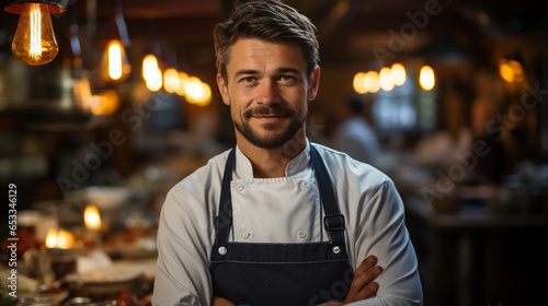 portrait of a male chef against the background of his workplace