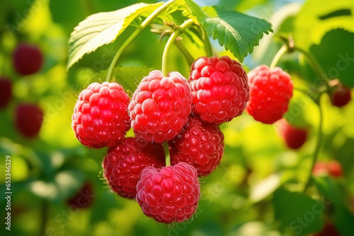 Branch of ripe raspberries in a garden