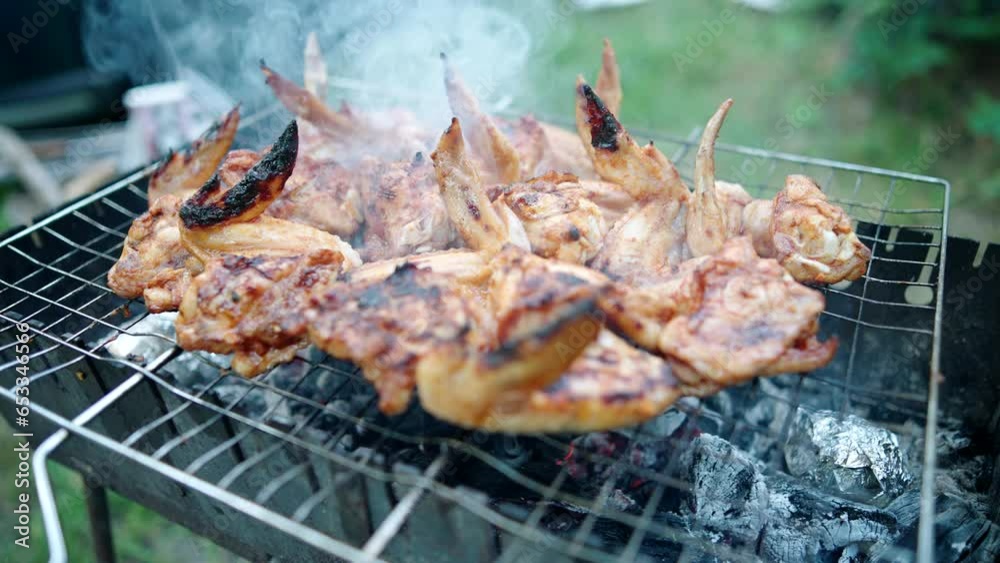 Poultry on the barbecue . Grilled marinated chicken wings Poultry on the barbecue . Grilled marinated chicken wings