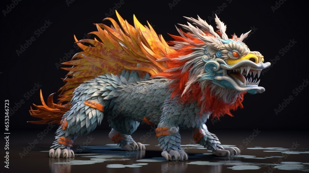 lion dance shark feather fluffy 3d scan Houdini render.Generative AI