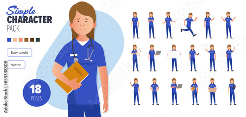 Simple flat female nurse woman vector character in a set of multiple poses. Easy to edit and isolated on a white background. Modern trendy style character mega pack with lots of poses.  photo