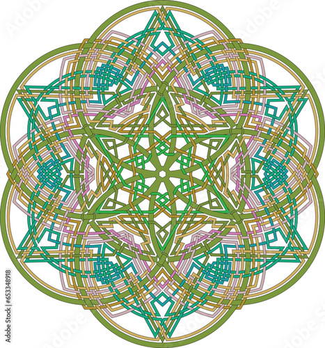 Hexagram star vector pattern ornament with circular circle and floral geometric background inside single huge circular heptagon lining vector background coloring book