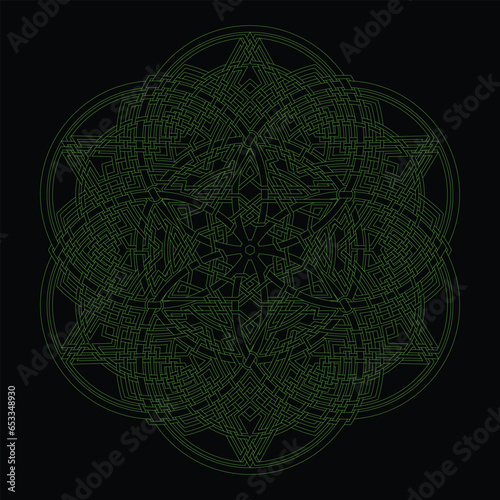 Hexagram star vector pattern ornament with circular circle and floral geometric background inside single huge circular heptagon lining vector background coloring book