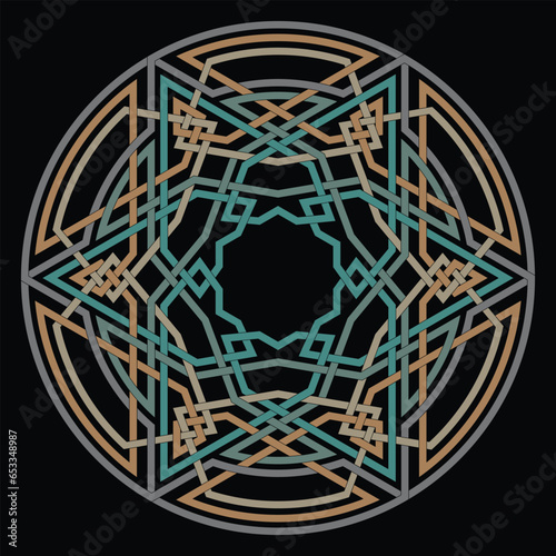 Hexagram star vector pattern ornament with circular circle and floral geometric background inside single huge circular heptagon lining vector background coloring book