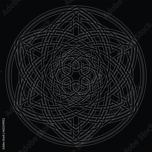 Hexagram star vector pattern ornament with circular circle and floral geometric background inside single huge circular heptagon lining vector background coloring book