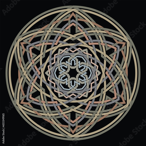 Hexagram star vector pattern ornament with circular circle and floral geometric background inside single huge circular heptagon lining vector background coloring book