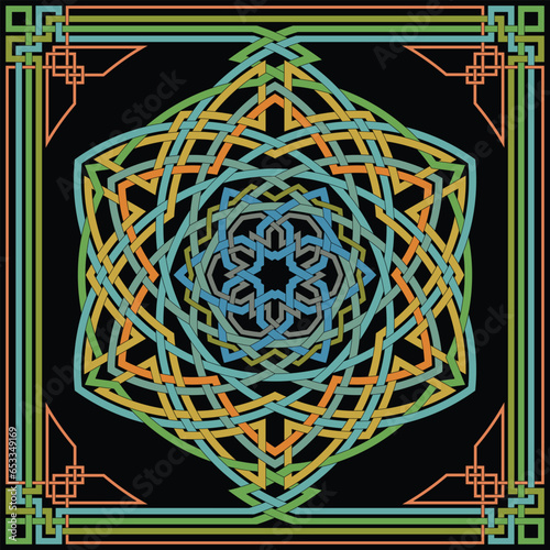 Hexagram star vector pattern ornament with circular circle and floral geometric background inside single huge circular heptagon lining vector background coloring book