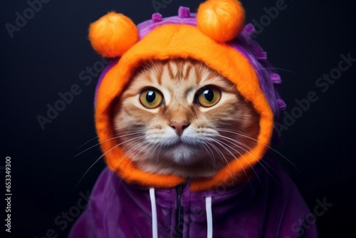 Studio portrait photography of a smiling laperm cat wearing a carrot costume against a deep purple background. With generative AI technology