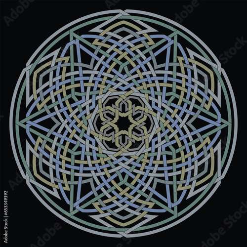 Hexagram star vector pattern ornament with circular circle and floral geometric background inside single huge circular heptagon lining vector background coloring book