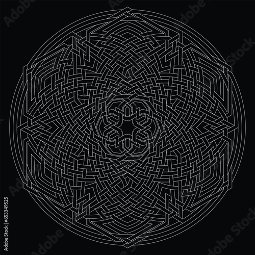 Hexagram star vector pattern ornament with circular circle and floral geometric background inside single huge circular heptagon lining vector background coloring book
