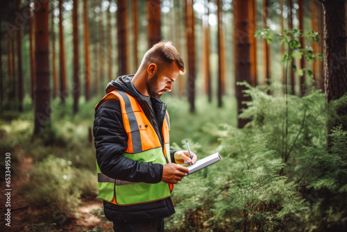 A forest engineer works in a forest. Man measures size of trees felled by the elements, with tape measure. Portrait of a male forest researcher. photo