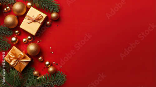 Top view of composition with Christmas decorations and copy space on red background. New Year winter banner.