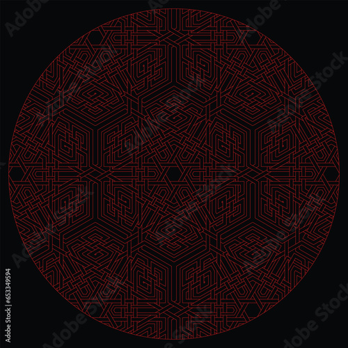 Hexagram star vector pattern ornament with circular circle and floral geometric background inside single huge circular heptagon lining vector background coloring book
