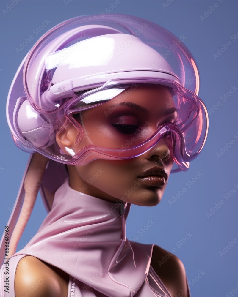 protective helmet and glasses on the head of a modern fashion model, futuristic bright colors, fashion advertising studio photo, minimalist style protective helmet and glasses on the head of a modern fashion model, futuristic bright colors, fashion advertising studio photo, minimalist style