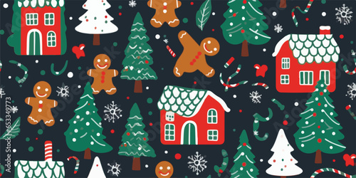 Christmas vector seamless pattern. Gingerbread man, candy cane, gingerbread house, candies, snowflakes on a winter background