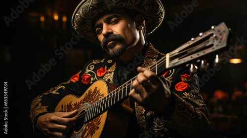 Mexican mariachi musician playing guitar in black background.