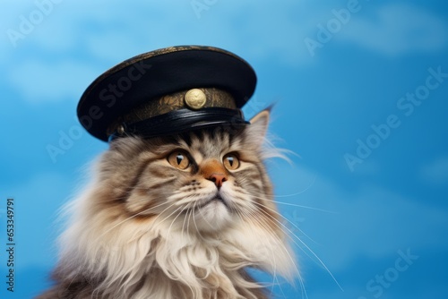 Close-up portrait photography of a smiling siberian cat wearing a sherlock holmes detective hat against a sky-blue background. With generative AI technology © Markus Schröder