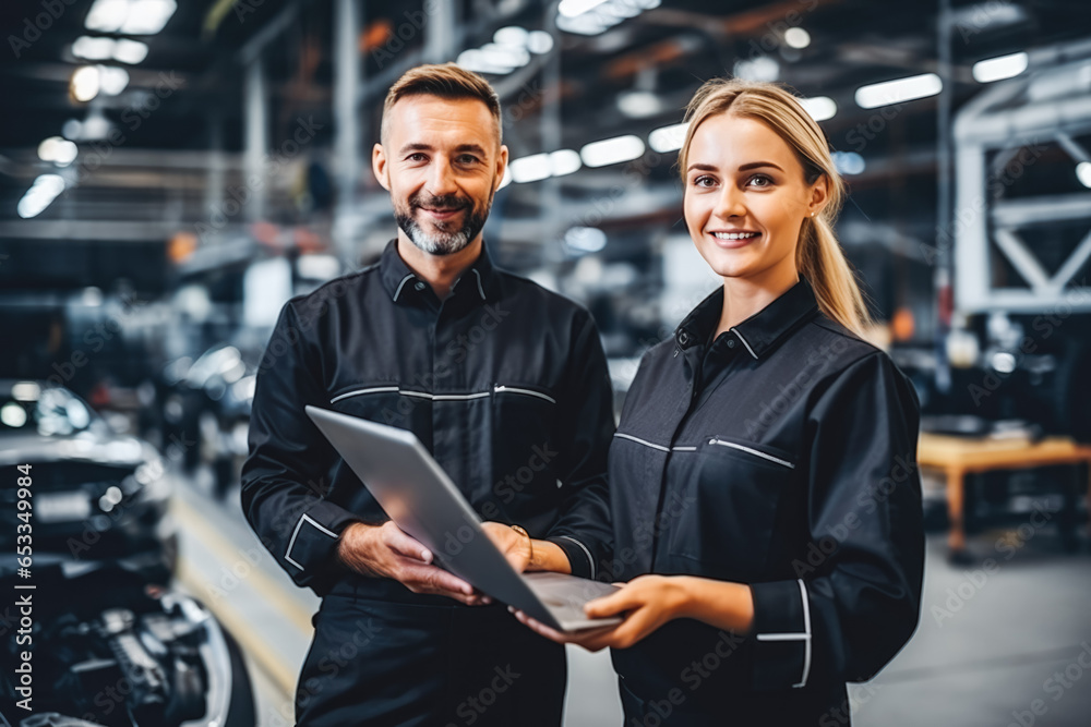 Male and female mechanics working together in large modern garage. Two ...