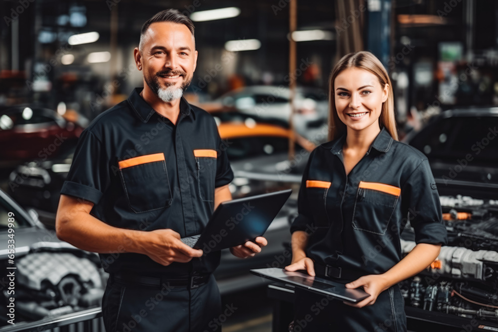 Male and female mechanics working together in large modern garage. Two car mechanic working in garage, young woman learning mechanical skills