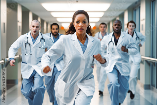 Hospital emergency team rushing. Team of doctors  nurses and medical professionals running down a modern hospital corridor in an emergency calling