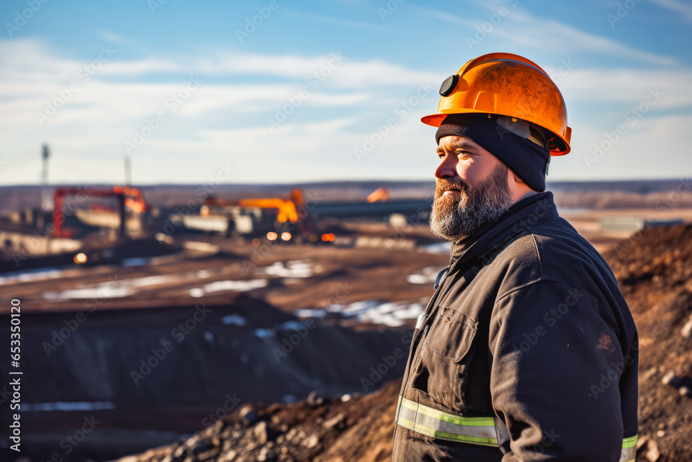 Mining engineer at mine site. Portrait of male engineer with hardhat using digital tablet while working at construction site Mining engineer at mine site. Portrait of male engineer with hardhat using digital tablet while working at construction site