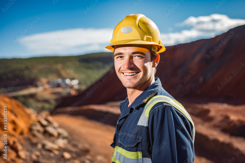 Mining engineer at mine site. Portrait of male engineer with hardhat using digital tablet while working at construction site Mining engineer at mine site. Portrait of male engineer with hardhat using digital tablet while working at construction site