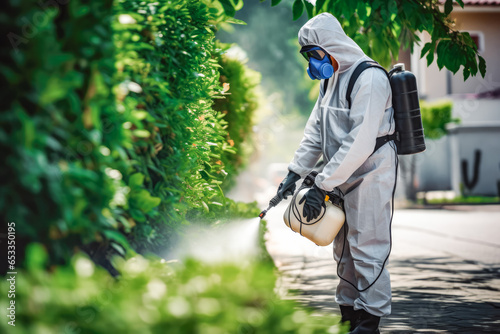 Pest control worker in uniform and respirator spraying insecticides and parasites in the garden. Man spraying insecticide on grass in lawn. photo