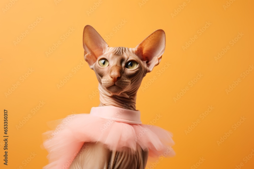 Lifestyle portrait photography of a smiling sphynx cat wearing a ballerina tutu against a pastel orange background. With generative AI technology