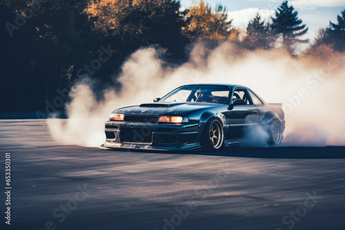 Smoke tires. A fast race car peels out on the starting line of a raceway's drag strip. Drifting car. © VisualProduction