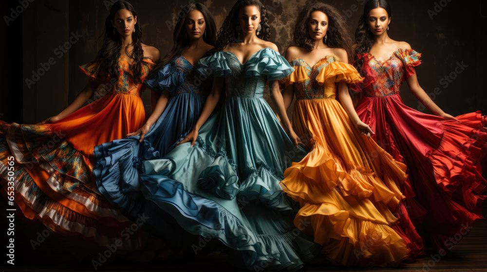 Five beautiful young women in colorful dresses dancing flamenco in a dark room.