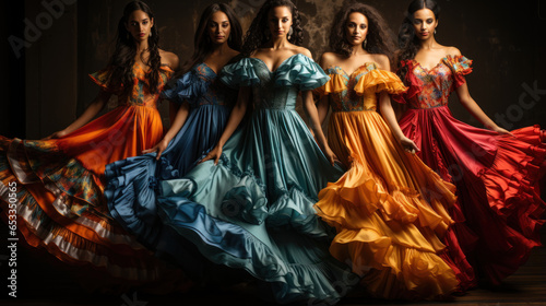 Five beautiful young women in colorful dresses dancing flamenco in a dark room.