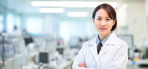 portrait of female asian pharmacist smiling wearing white coat in chemist lab