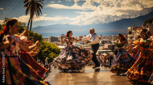 Group of people dancing traditional Spanish dance in Cartagena, Colombia.
