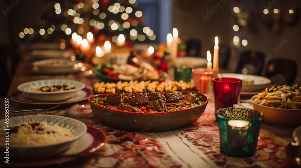 cena de navidad mexicana en casa tradicional con platillos tipicos de mexico mesa con vleas y adornada para la cena de Navidad - obrazy, fototapety, plakaty 